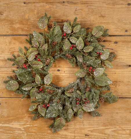 18" Snowy Fittonia, Pine & Berry Candle Ring