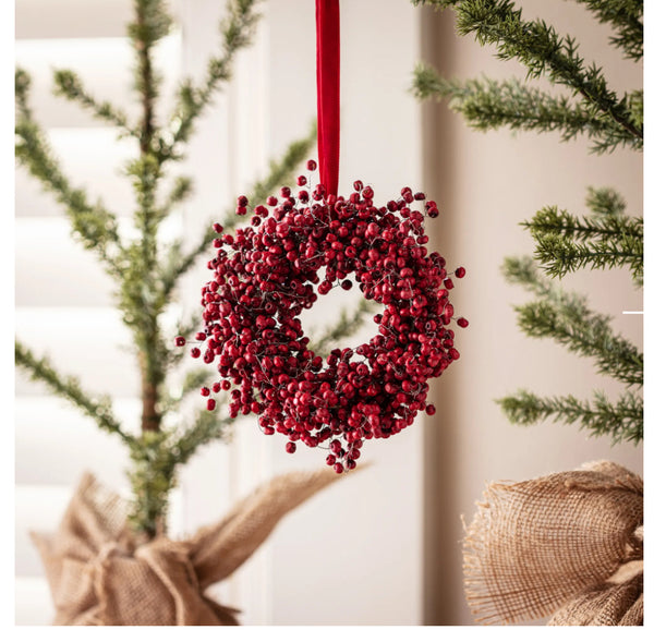 WOOD BEAD BERRY WREATH WITH VELVET HANGER 6”