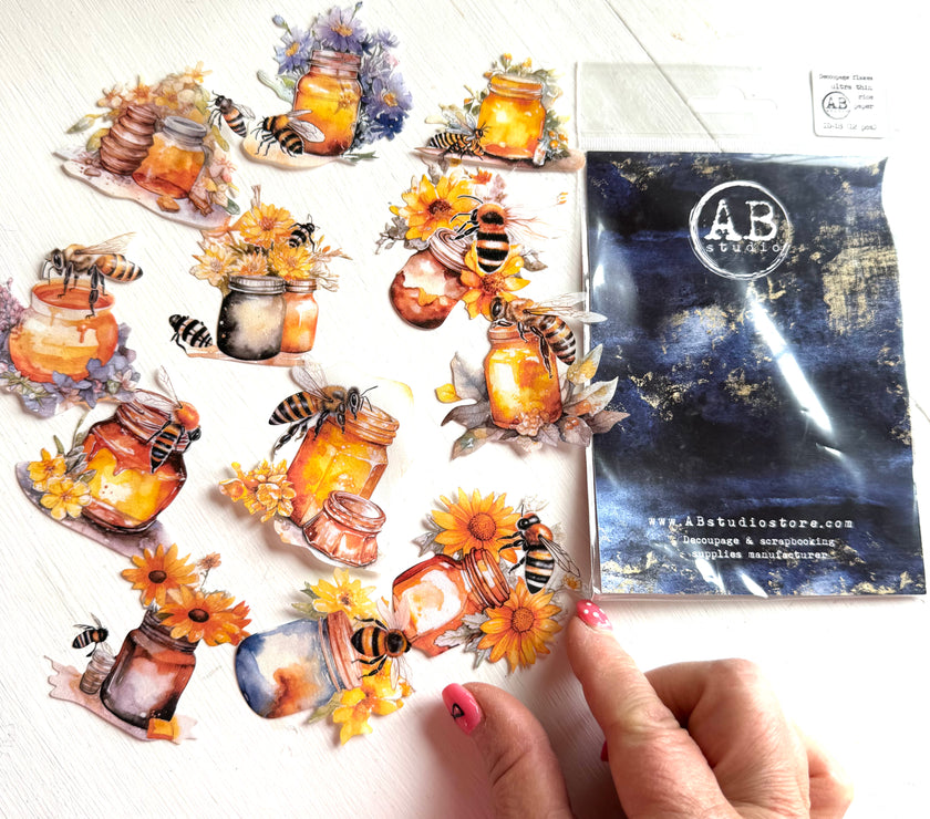 Decoupage Flakes set of 12 DIE CUT Bee Art pieces ID-18 ( see description
