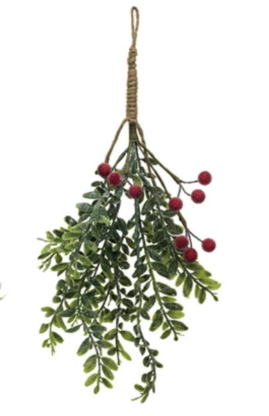 Hanging Faux Evergreen & Berry Bunch, Snow/Ice Finish, 5 Styles