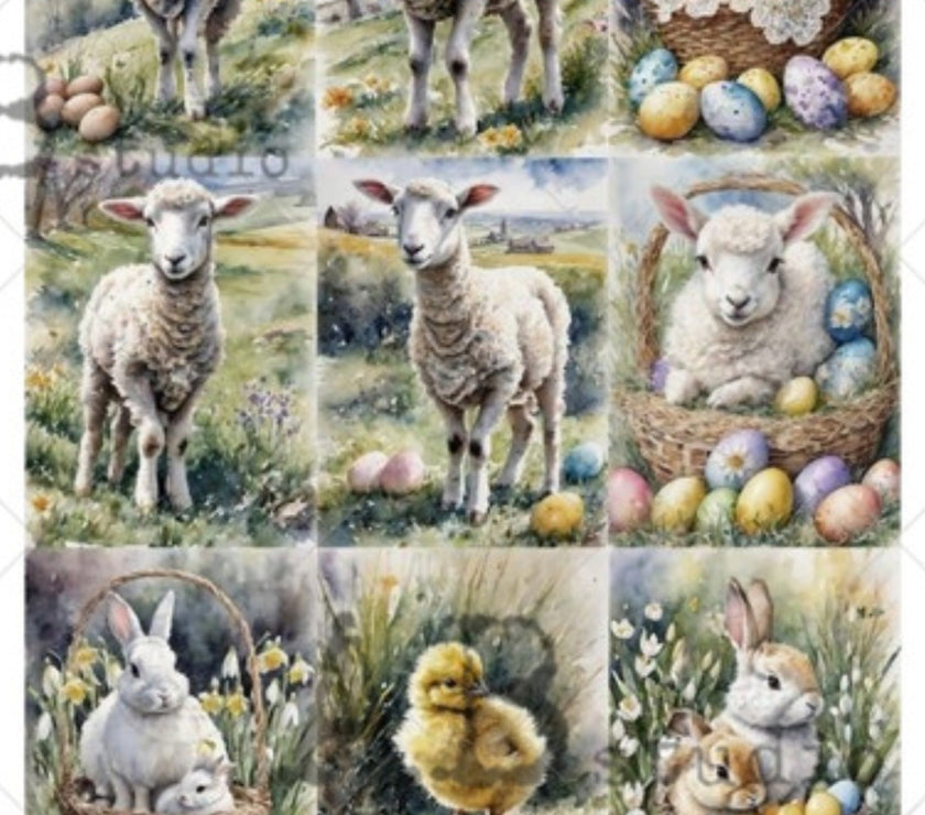 Nine Pack of Easter Lambs, Bunnies Chicks ABRP_4668, rice paper design by AB Studios, arts & entertainment > hobbies & creative arts > arts & crafts > art & crafting materials, for decoupage and crafting