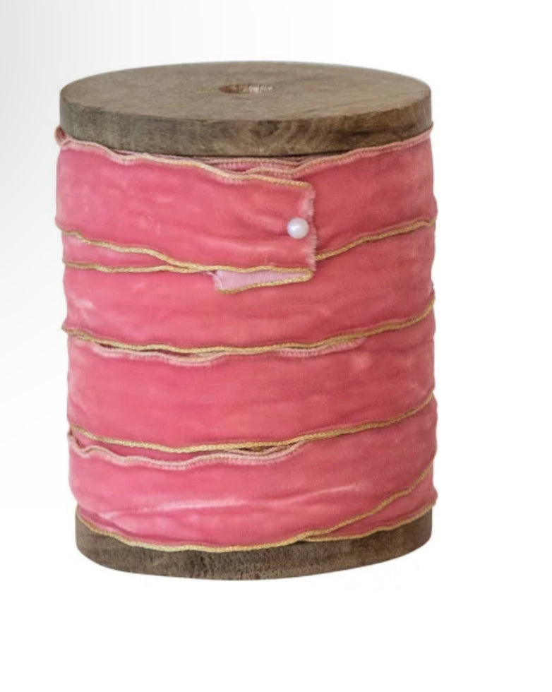 5 Yard Velvet Ribbon w/ Metallic Edges on Wood Spool, 6 Colors