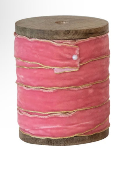 5 Yard Velvet Ribbon w/ Metallic Edges on Wood Spool, 6 Colors