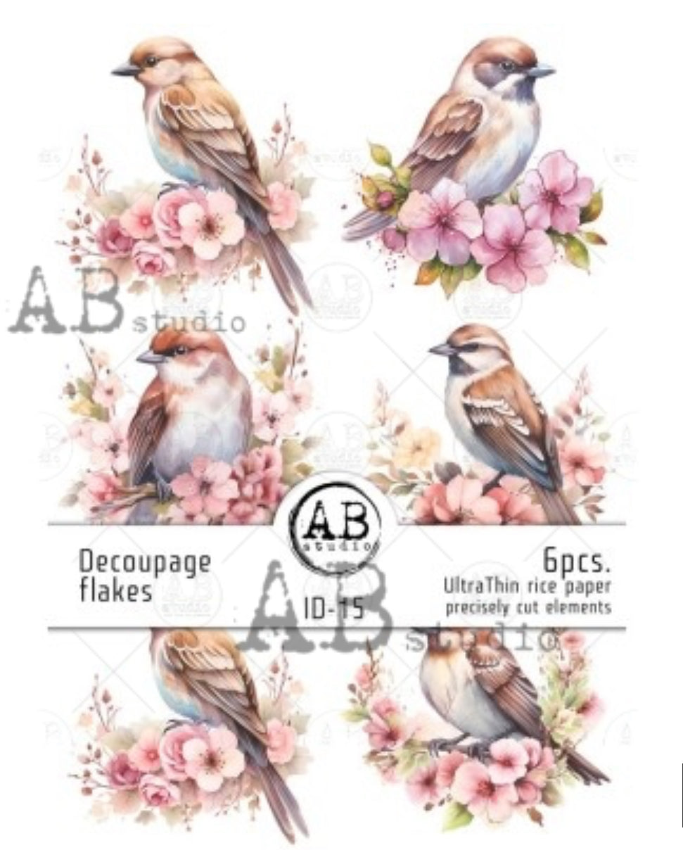 Decoupage Flakes set of 6 DIE CUT Bird Art pieces ID-15 ( see description)