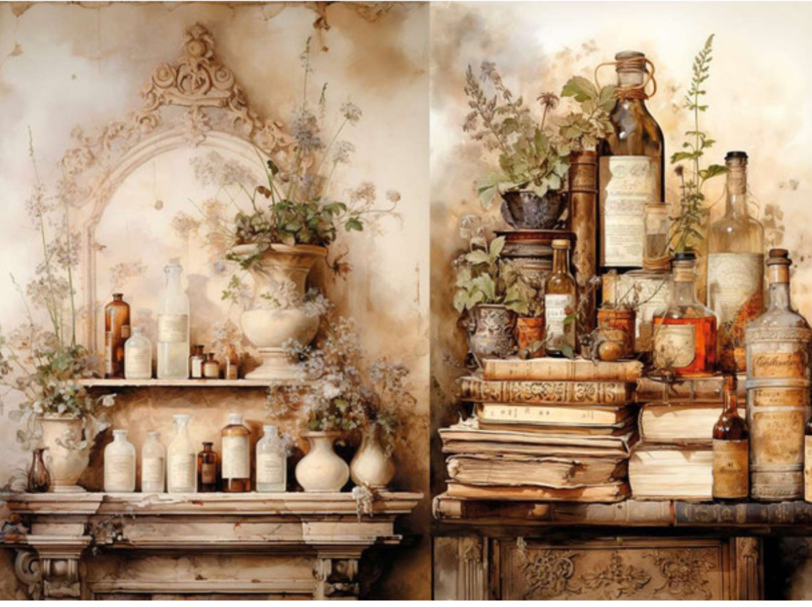 Nostalgia 5 Bottles and Books 2 Pack, rice paper design by LaBlanche, arts & entertainment > hobbies & creative arts > arts & crafts > art & crafting materials > art & craft paper > cardstock & scrapbooking paper > scrapbooking paper, for decoupage and crafting