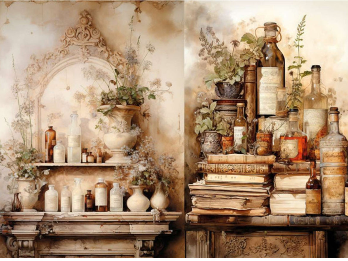 Nostalgia 5 Bottles and Books 2 Pack, rice paper design by LaBlanche, arts & entertainment > hobbies & creative arts > arts & crafts > art & crafting materials > art & craft paper > cardstock & scrapbooking paper > scrapbooking paper, for decoupage and crafting