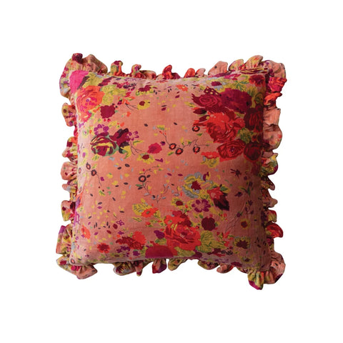 Cotton Velvet Printed Pillow w/ Floral Pattern