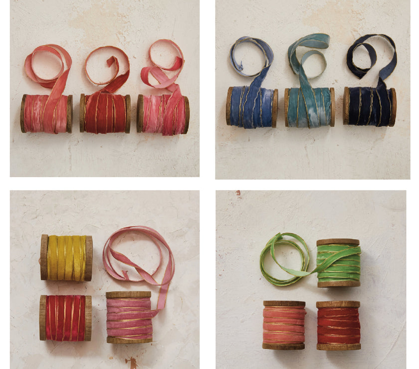10 Yard Velvet Ribbon w/ Metallic Edges on Wood Spool