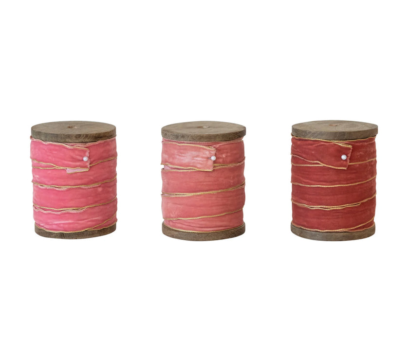 5 Yard Velvet Ribbon w/ Metallic Edges on Wood Spool, 6 Colors