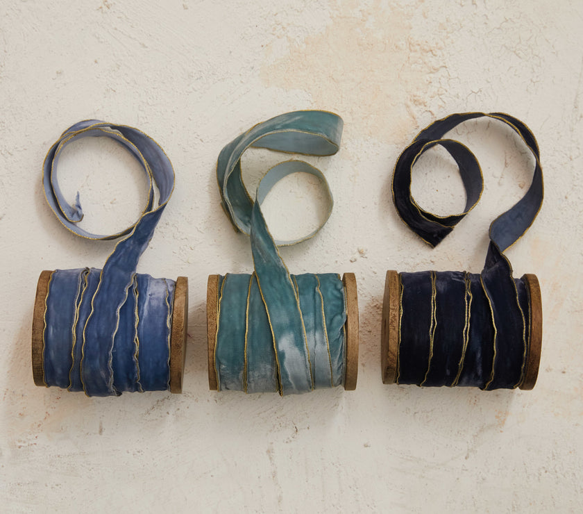 5 Yard Velvet Ribbon w/ Metallic Edges on Wood Spool, 6 Colors