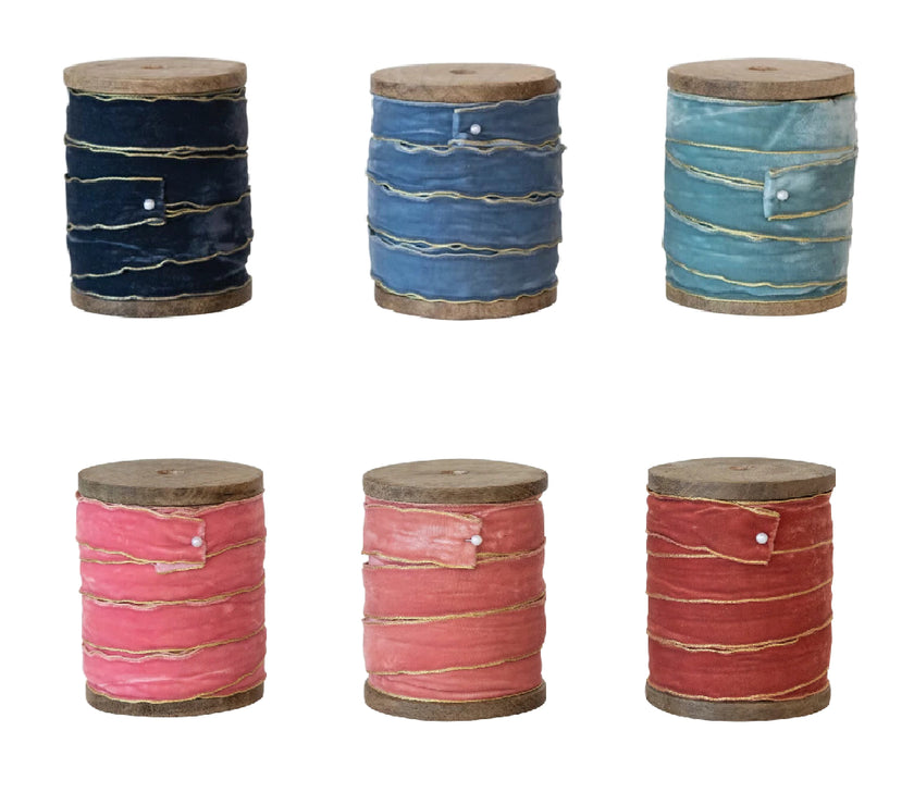 5 Yard Velvet Ribbon w/ Metallic Edges on Wood Spool, 6 Colors