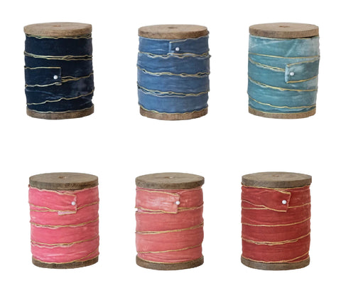 5 Yard Velvet Ribbon w/ Metallic Edges on Wood Spool, 6 Colors