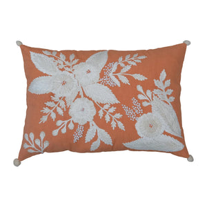 Coral Cotton Lumbar Pillow with Embroidered Flowers