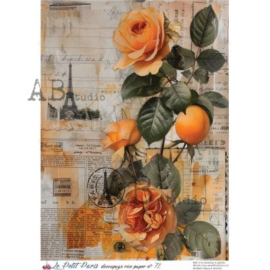 Orange Roses on Newsprint PP_72, rice paper design by AB Studios, arts & entertainment > hobbies & creative arts > arts & crafts > art & crafting materials, for decoupage and crafting