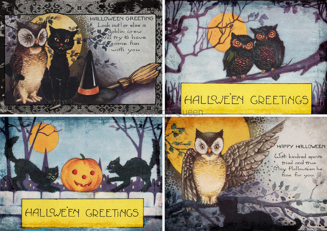 Vintage Cats and Owls Halloween Four Pack