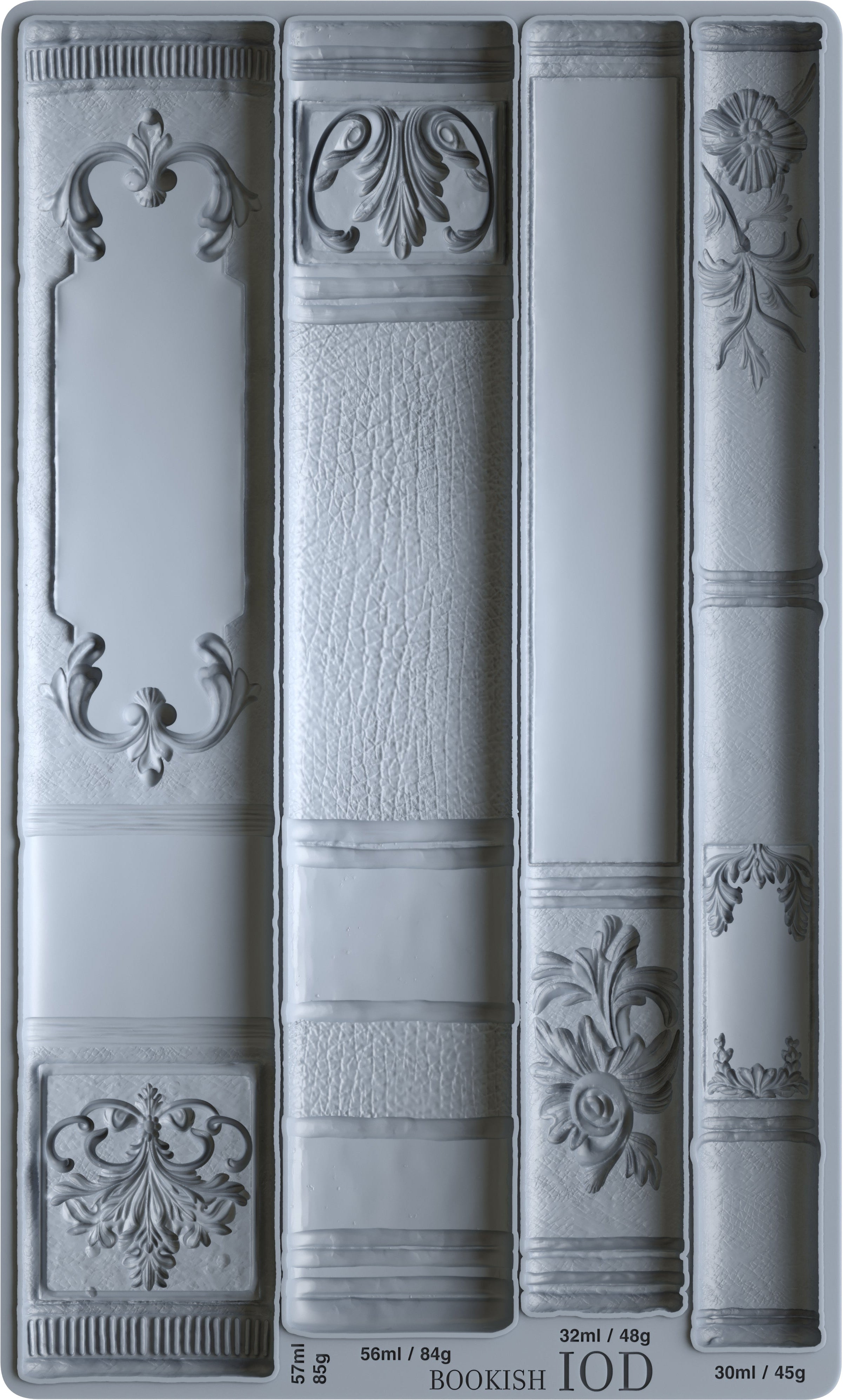 Decorative mold with bookshelf design patterns on a gray background