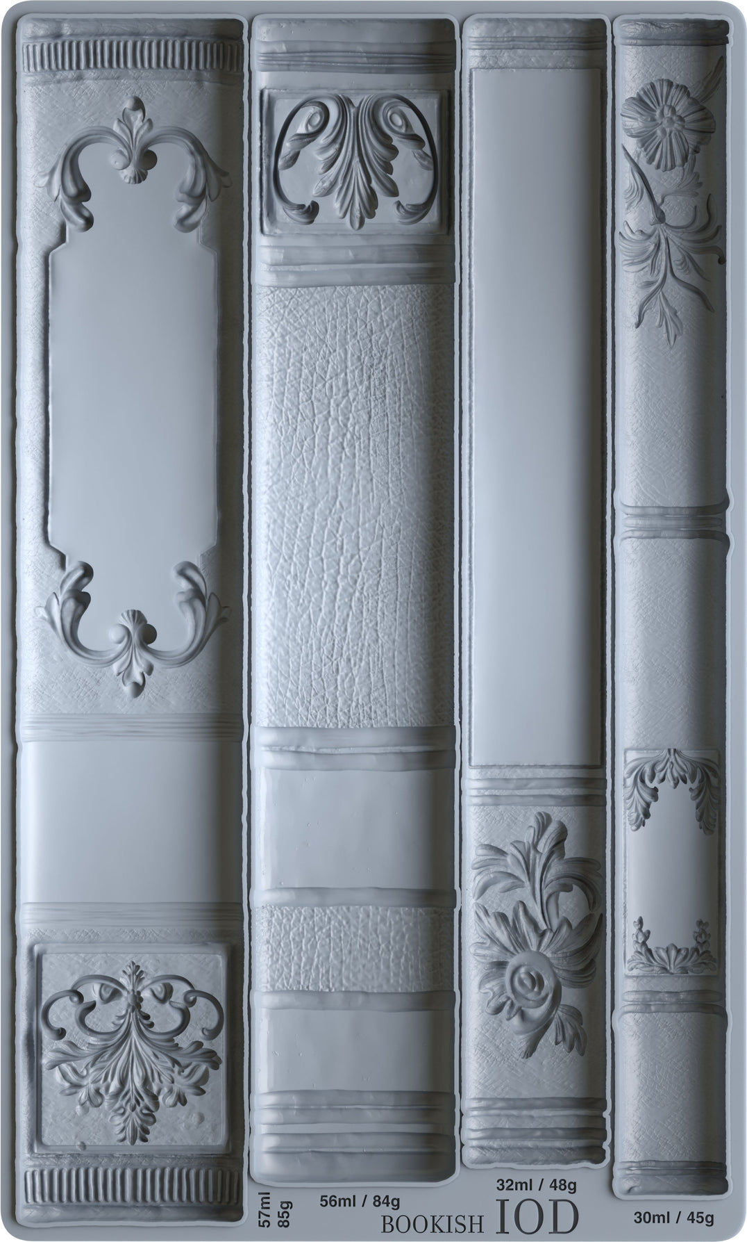 Decorative mold with bookshelf design patterns on a gray background