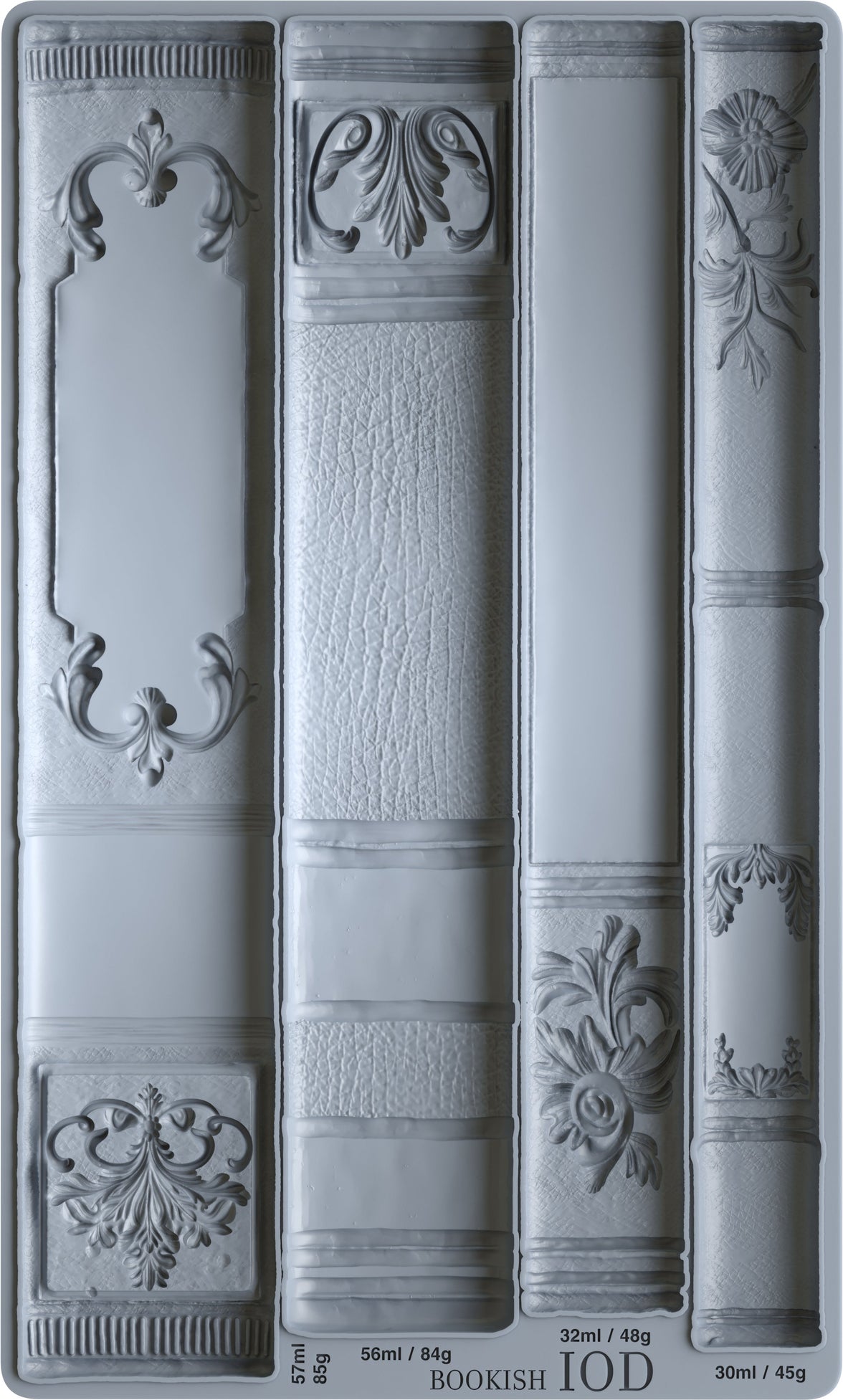Decorative mold with bookshelf design patterns on a gray background