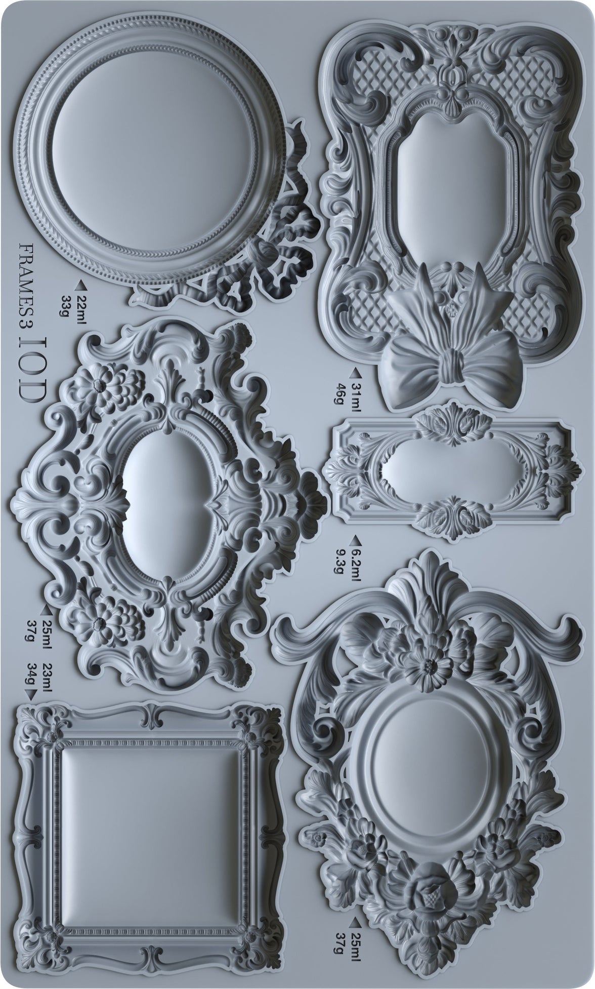 Decorative frame silicone mold with intricate designs on a gray background