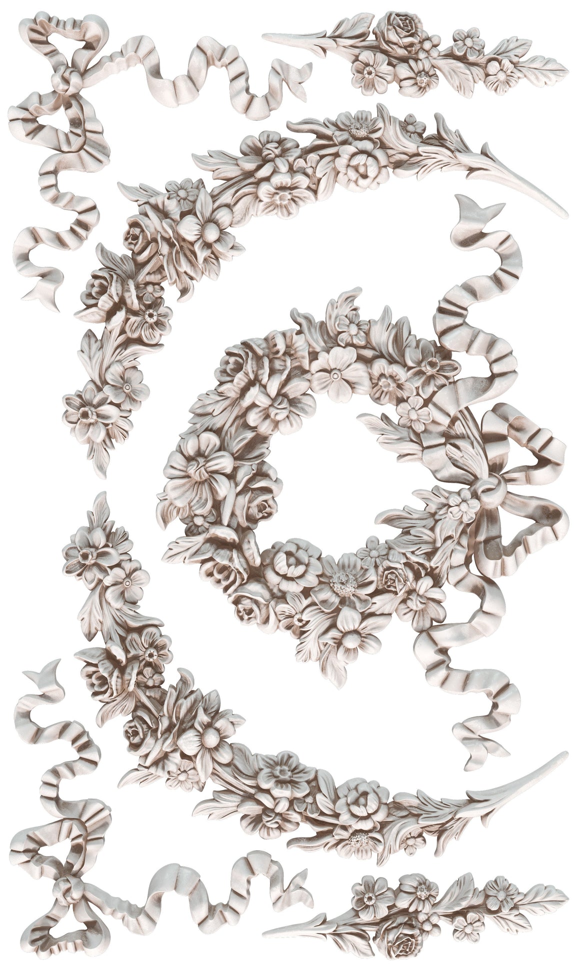 Decorative floral and ribbon elements on a white background