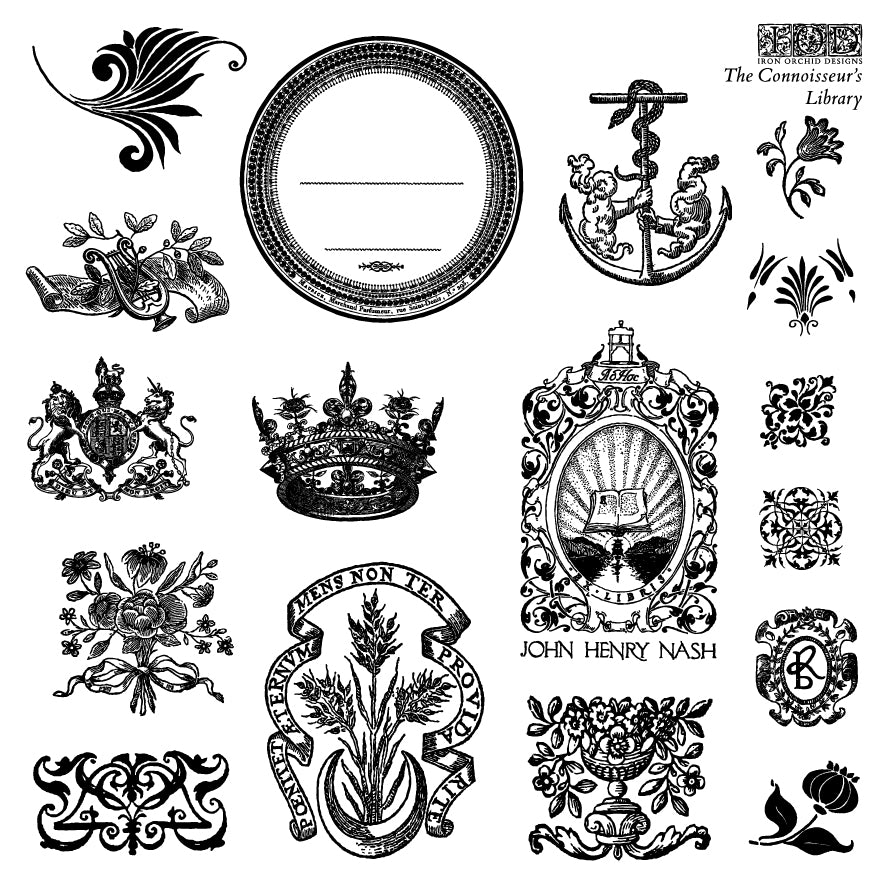 The Connoisseur's Library Labels 6x6 IOD Stamp