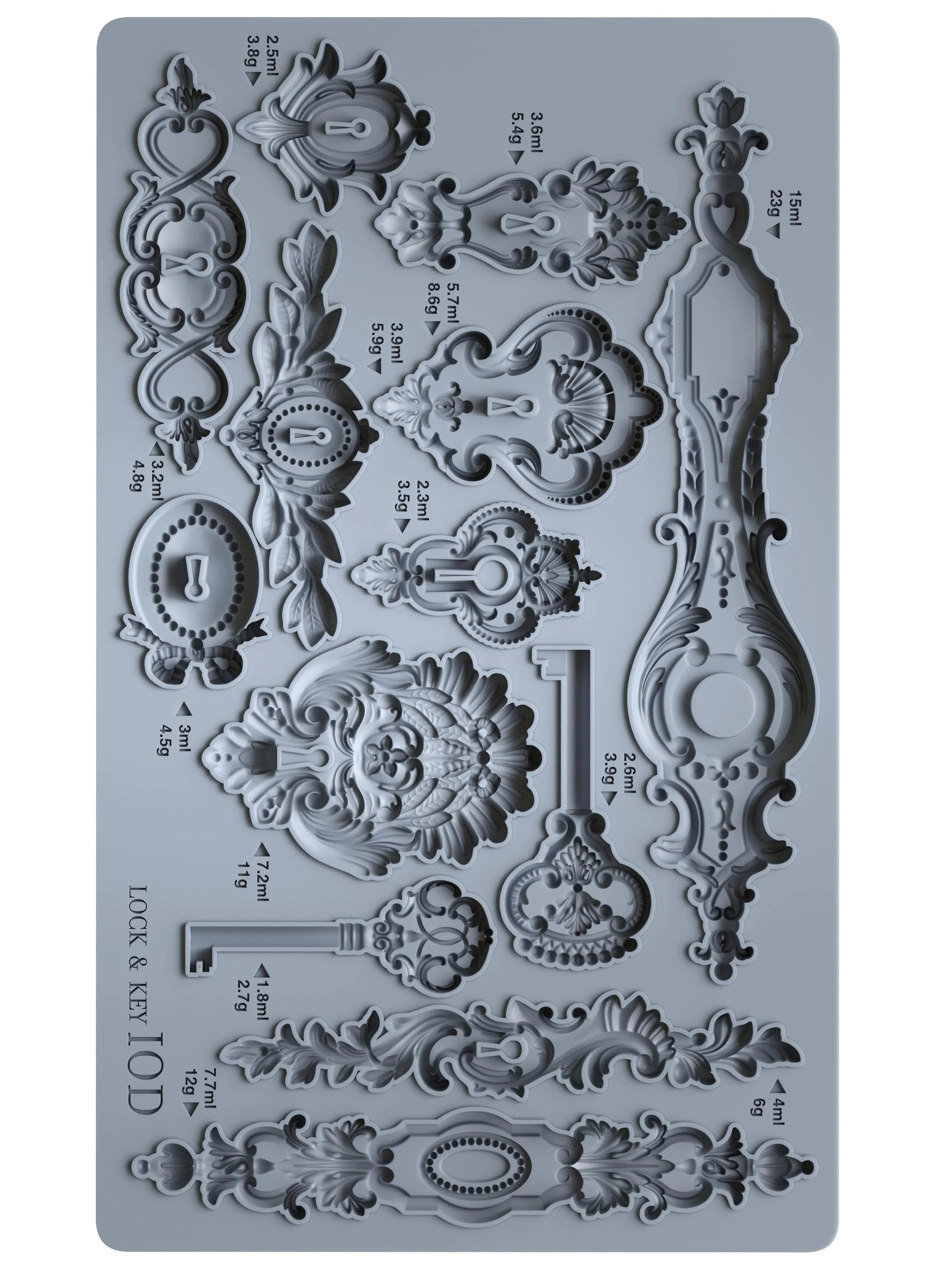 Decorative silicone mold with intricate designs on a gray background