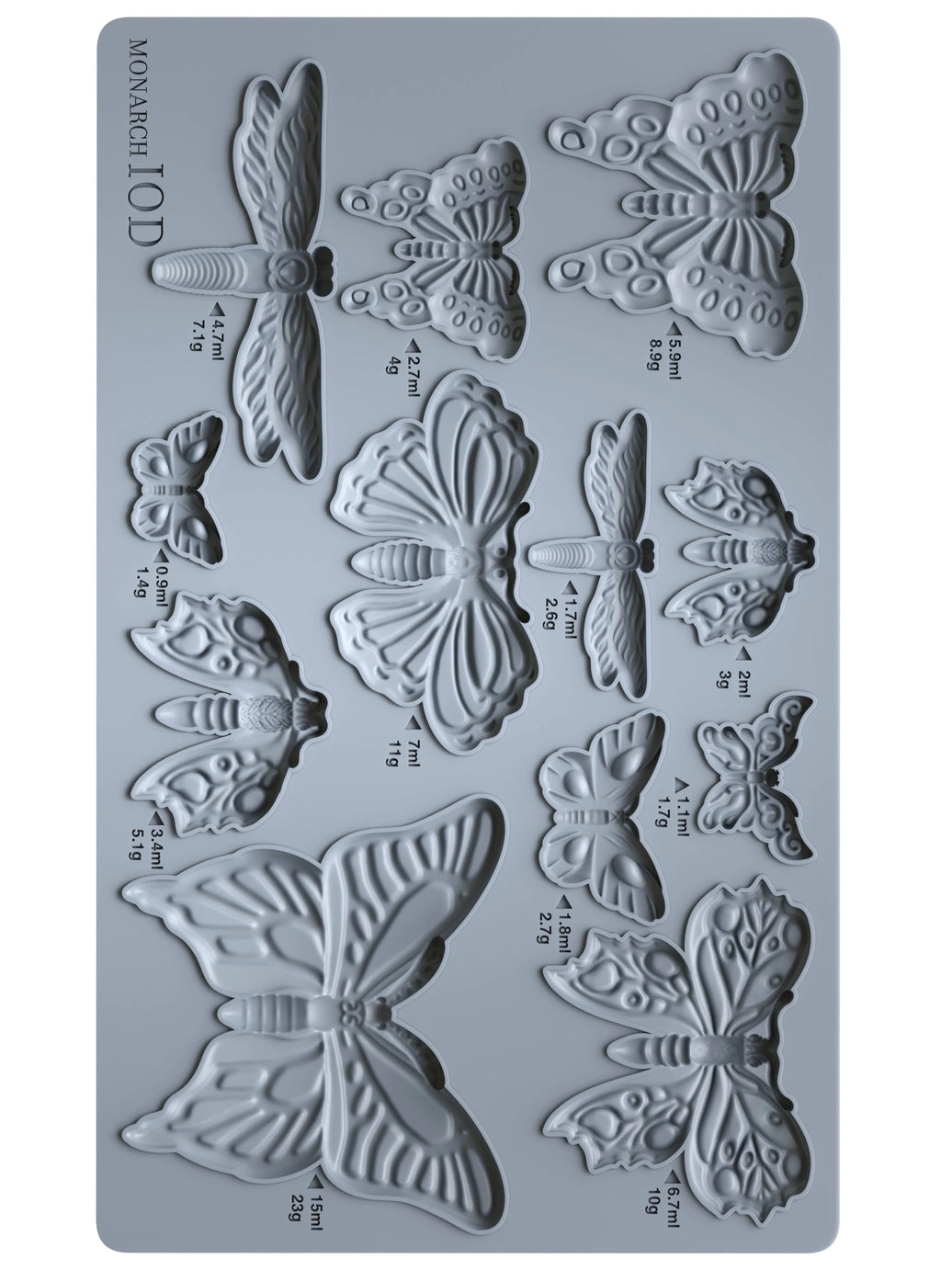 Butterfly-shaped silicone mold with measurements on a gray background