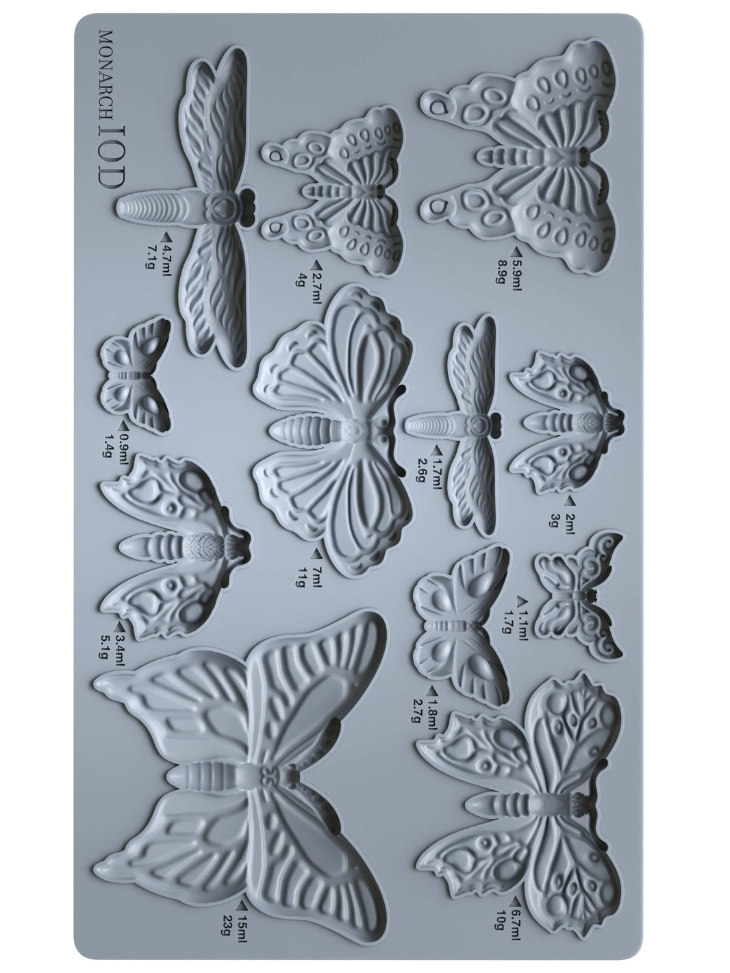 Butterfly-shaped silicone mold with measurements on a gray background