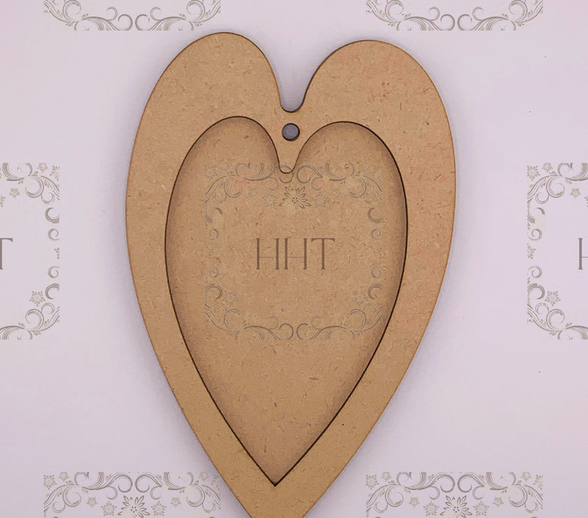 MDF Heart Ornament with overlay frame, 2 pieces