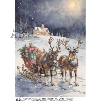 AB Studios Reindeer Sleigh with Gifts A4 Rice Paper ABRP_7081, rice paper design by AB Studios, arts & entertainment > hobbies & creative arts > arts & crafts > art & crafting materials > art & craft paper > drawing & painting paper, for decoupage and crafting