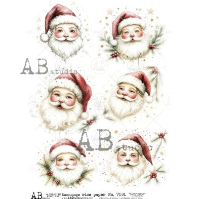 AB Studios Vintage Santa Faces A4 Rice Paper