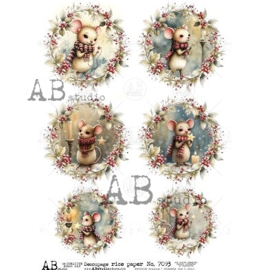 AB Studios Christmas Mice in Wreaths A4 Rice Paper