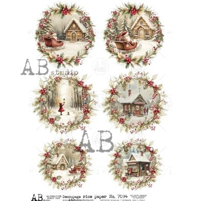 AB Studios Winter Village Scenes in Wreaths A4 Rice Paper ABRP_7094, rice paper design by AB Studios, arts & entertainment > hobbies & creative arts > arts & crafts > art & crafting materials > art & craft paper > drawing & painting paper, for decoupage and crafting