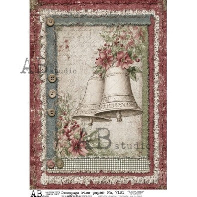 AB Studios Christmas Bells Vintage Frame A4 Rice Paper ABRP_7121, rice paper design by AB Studios, arts & entertainment > hobbies & creative arts > arts & crafts > art & crafting materials > art & craft paper > drawing & painting paper, for decoupage and crafting