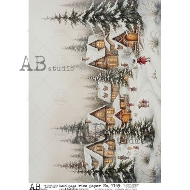 AB Studios Snowy Village Scene A4 Rice Paper ABRP_7145, rice paper design by AB Studios, arts & entertainment > hobbies & creative arts > arts & crafts > art & crafting materials > art & craft paper > drawing & painting paper, for decoupage and crafting