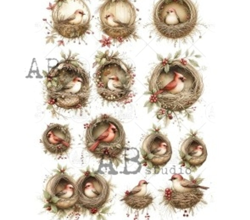AB Studios Winter Robins in Nests 7171 A4 Rice Paper ABRP_7183