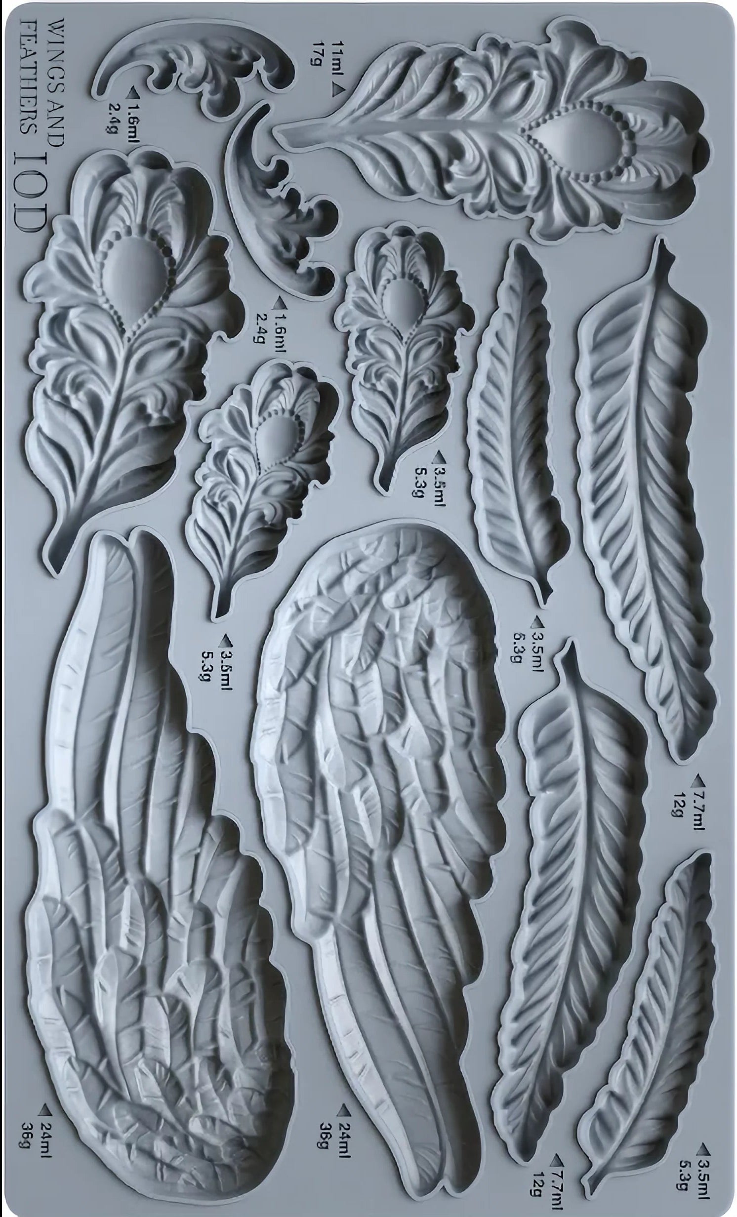 Mold with feather and wing designs on a gray background