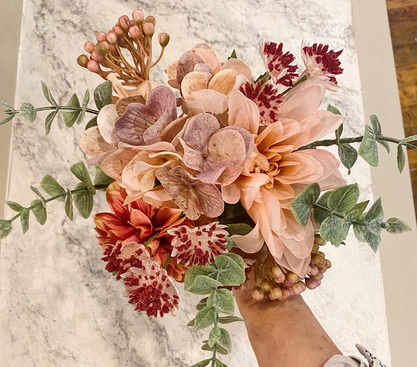 dahlia and succulent bouquet Dahlia and Eucalyptus Market Bouquet
