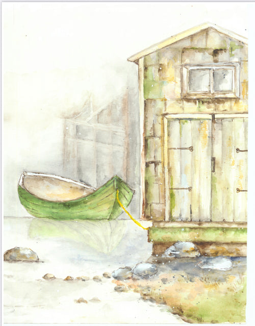 Morning Boathouse by ellen j goods, rice paper design by Decoupage Queen, arts & entertainment > hobbies & creative arts > arts & crafts, for decoupage and crafting