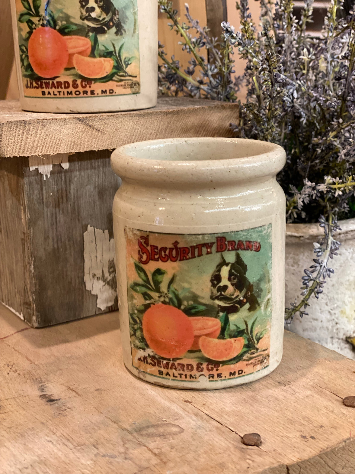 Vintage crock with added label