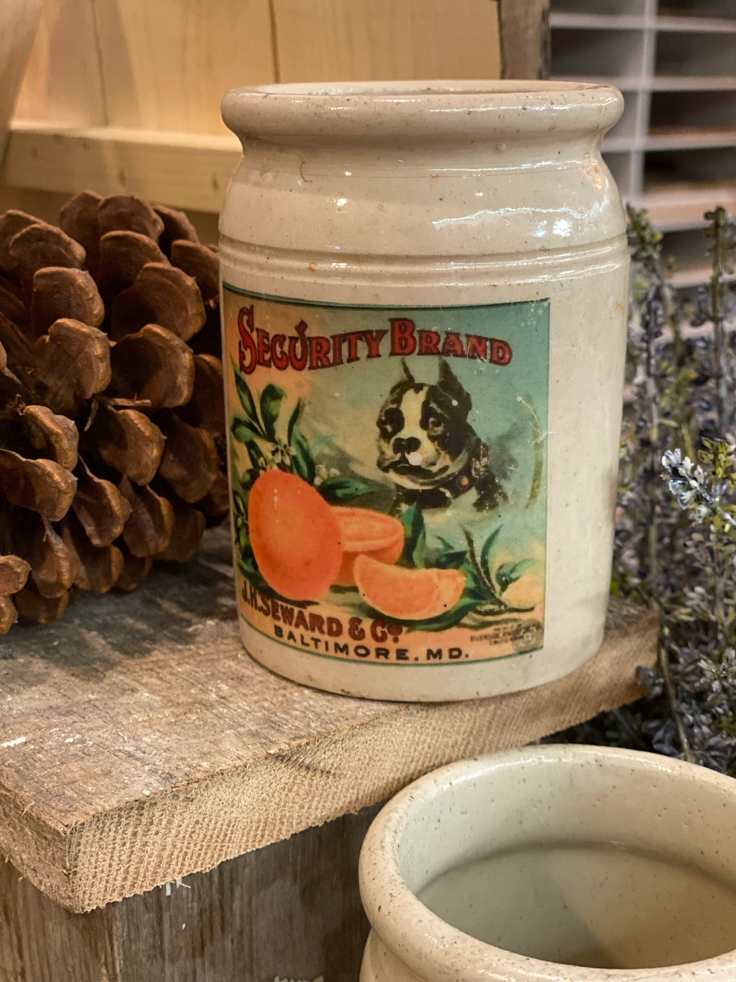 Vintage crock with added label